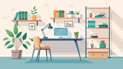 Chic minimalist study with white walls, floating bookshelf, metal-frame desk, and a small indoor plant, blending simplicity and functionality for productive work.