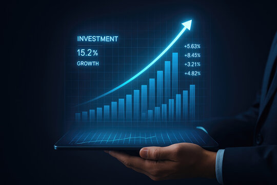 Hand holding tablet with holographic investment growth chart and percentage data finance business