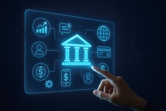 Hand interacting with holographic banking interface showing bank building and global network finance