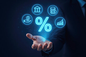 Hand Presenting Holographic Percentage Sign and Financial Icons in Neon Blue finance money