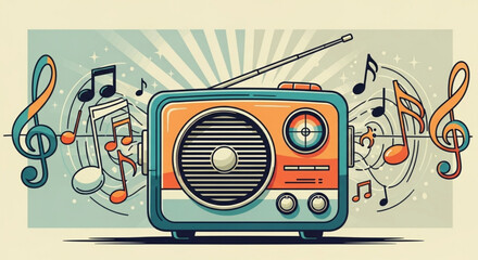 A retro radio surrounded by musical notes and treble clefs, set against a radial background, evoking nostalgia, music, and vintage themes