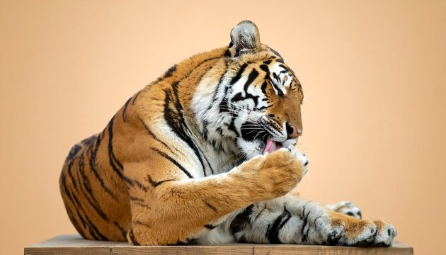 Tiger grooming itself on a surface - Powered by Adobe