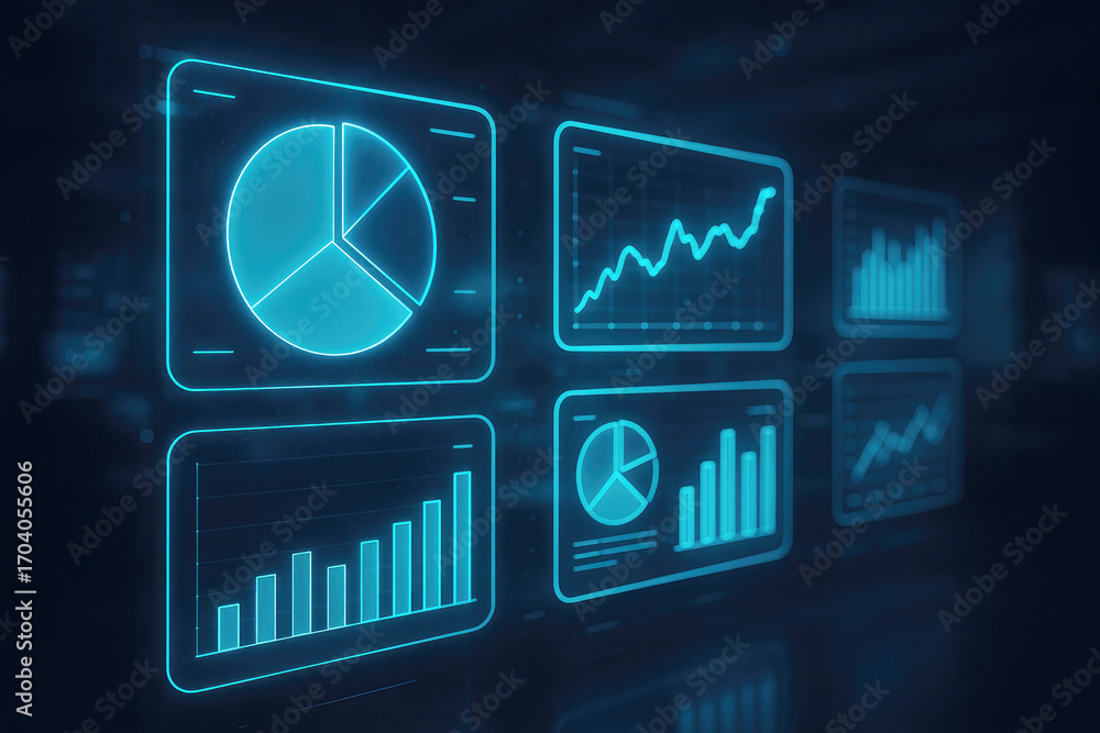 Poster Holographic display of various financial charts and graphs in blue neon light data visualization analytics