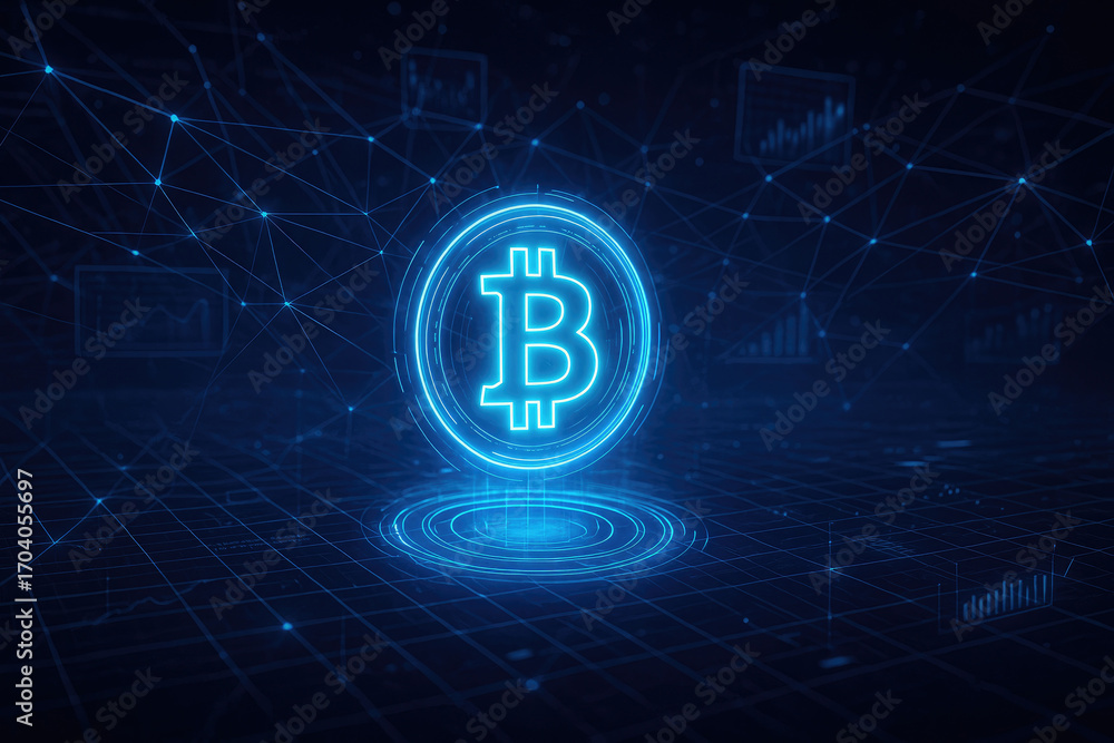 Aufkleber illuminated bitcoin emblem centered in digital network with financial charts cryptocurrency technolo