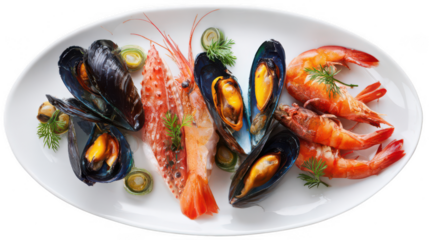 sea fish, mussels, and shrimp on a white plate, png