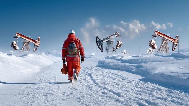 Oil Industry Worker: A lone oil industry worker navigates a snowy landscape, surrounded by oil pumps in the harsh environment.