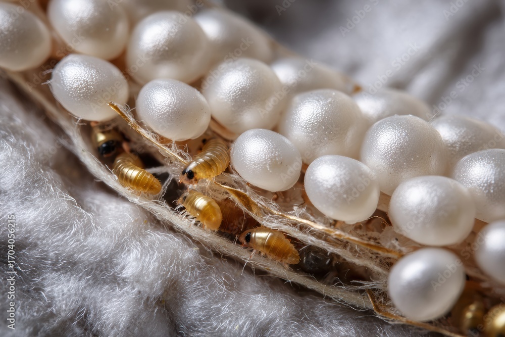 Poster delicate white eggs nestled on soft fabric, showcasing intricate details and textures. scene capture