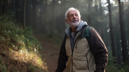 Elderly man hiking on forest trail, wearing backpack and casual clothing, surrounded by trees and mist, enjoying nature and fresh air. moment of tranquility and exploration