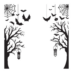 Spooky halloween silhouettes of trees bats and cobwebs with lanterns