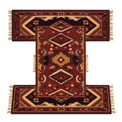 Illustrative traditional ethnic rugs with intricate geometric patterns, rich earthy colors, and fringed edges.