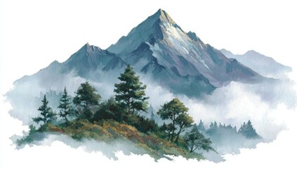 Majestic mountain peak, shrouded in a misty, ethereal landscape. Lush green forests cling to the mountain slopes, while a blanket of white snow caps the summit