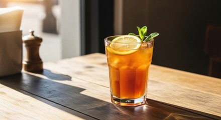 Iced tea in a glass, garnished with lemon and mint, sits on a wooden table, lit by sunlight streaming through a window