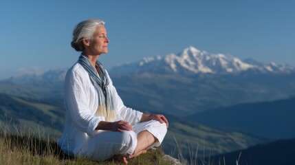 Fototapeta premium Meditation on mountain top evokes tranquility and mindfulness, showcasing serene woman in white attire, surrounded by breathtaking mountain scenery
