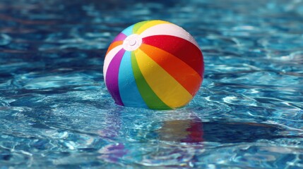 Beautiful photo of rainbow striped beach ball in pool water.
