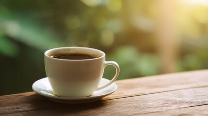 Obraz premium Steaming cup of black coffee sits on wooden table, surrounded by serene green background, evoking sense of calm and warmth. sunlight gently illuminates scene, enhancing inviting atmosphere