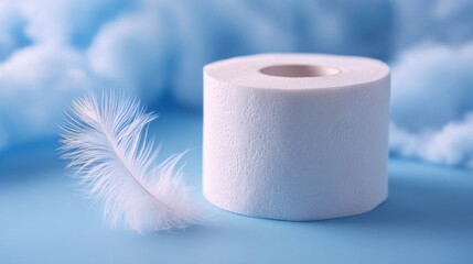 Soft toilet paper roll with white feather on blue background