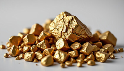 Obraz premium Golden raw mineral pile in studio setting macro photography high-detail texture bright environment