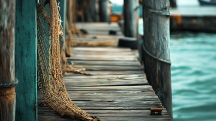 Fototapeta premium Wooden pier with fishing nets and calm turquoise water, a serene maritime scene