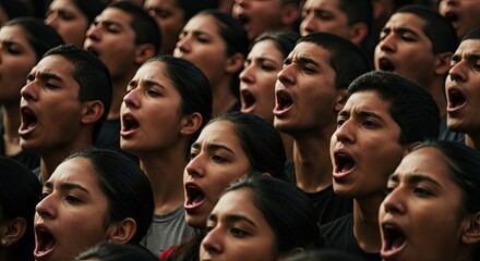 Obraz premium Singing Crowd Dark Hair, Young People Opening Mouths, Performing in Dark Attire