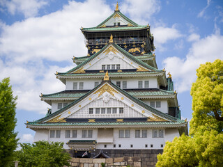 Osaka Castle, a famous historic landmark in Japan, with traditional Japanese architecture against a blue sky with clouds.
