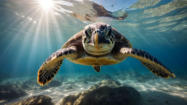 AI generated closeup turtle swimming with shimmering sun underwater
