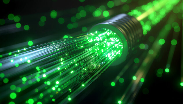 Fiber optic cable transmitting data as green light pulses, representing high-speed internet and modern technology. - Powered by Adobe