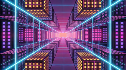 Neon grid tunnel with mirrored cityscape perspective