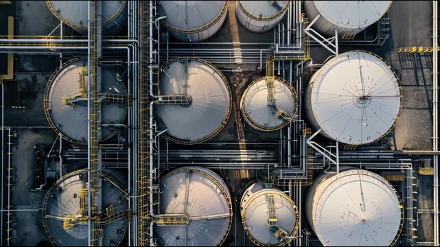 Aerial top view of oil tanks of petrochemical industry, gas storages of chemical petroleum factory or refinery plant, concept of fuel and energy