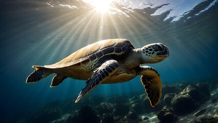 Obraz premium AI generated turtle silhouette gliding through ocean sunlight beams