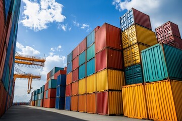 Fototapeta premium Colorful shipping containers stacked in a busy port during a sunny day