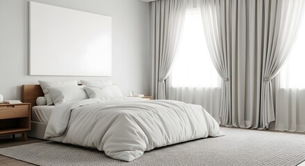 Elegant bedroom interior with blank canvas mockup and soft lighting for wall art display