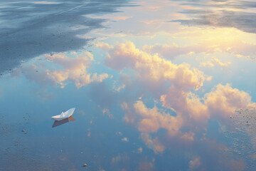 delicate paper boat rests peacefully in large puddle reflecting endless sky above