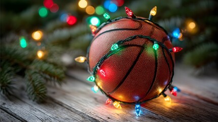 Festive basketball adorned with colorful Christmas lights on a rustic wooden table. Unique sports holiday season concept for joy & celebration.