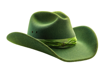 A muted sage green cowboy hat, angled, featuring a decorative light green ribbon band