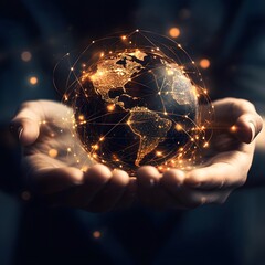 Hands Holding Glowing Earth with Digital Network Connections globe world photo