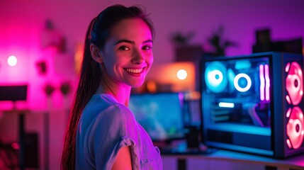 A young woman stands in a vibrant gaming room filled with neon lights and advanced computer gear