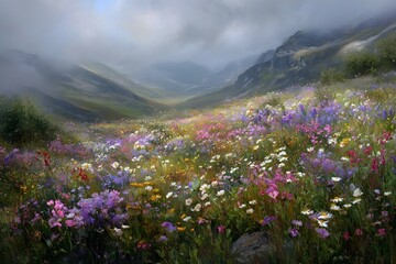Fototapeta premium Colorful wildflowers bloom in a misty mountain meadow.