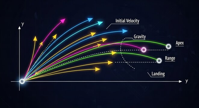 A comprehensive scientific diagram illustrating the physics of projectile motion, showing multiple parabolic trajectories under the constant influence of gravity