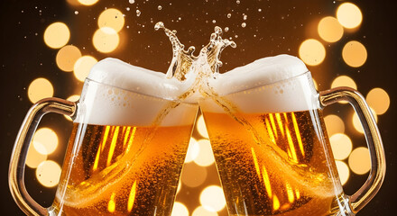 Cheers to Friendship Two Beer Mugs Clinking Golden Lights