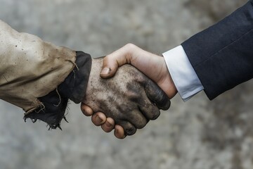 A wealthy individual shakes hands with a worker in tattered clothing, symbolizing social disparity