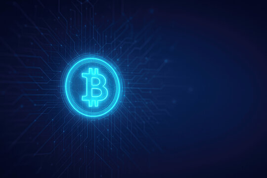 Neon blue Bitcoin cryptocurrency symbol on a dark blue circuit board background logo digital currency