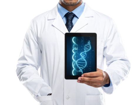 Doctor with Tablet Displaying DNA Research Visualization