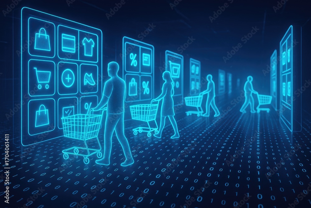 Aufkleber neon blue digital figures with shopping carts navigating a futuristic online marketplace with binary
