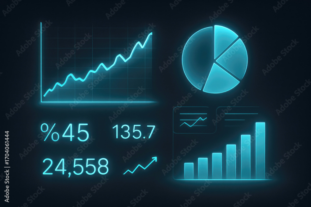 Aufkleber neon blue digital financial analytics interface with various charts and data points graph statistics