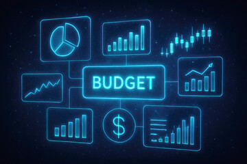Neon blue digital budget and financial analytics flow chart with graphs and dollar sign finance charts