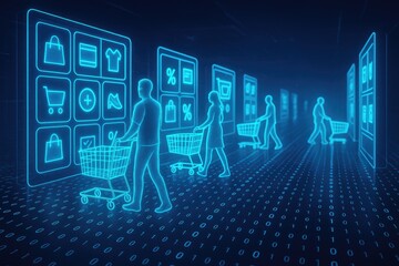 Neon blue digital figures with shopping carts navigating a futuristic online marketplace with binary code floor
