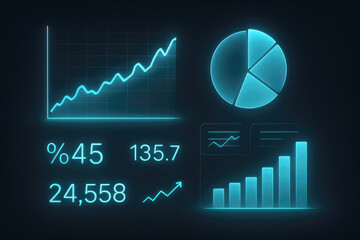 Neon blue digital financial analytics interface with various charts and data points graph statistics