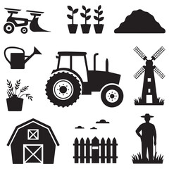 Obraz premium Collection of black silhouette farm icons and symbols including tractor barn windmill watering can farmer and plants