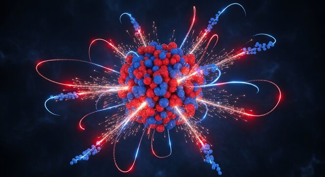 A futuristic visualization of atomic power, showcasing a vibrant nucleus with protons and neutrons undergoing an energetic fusion or fission reaction