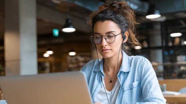 Focused Female: A portrait of a young woman engrossed in her work, her attentive gaze fixed on her laptop screen, showcasing the dedication and concentration required for remote work.